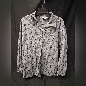 Women's Light Gray Button-Down Shirt with Black Floral Embroidery